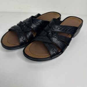 Clarks Black Leather Gina Eagle Comfort Wedge Sandals Women's Size 5.5M